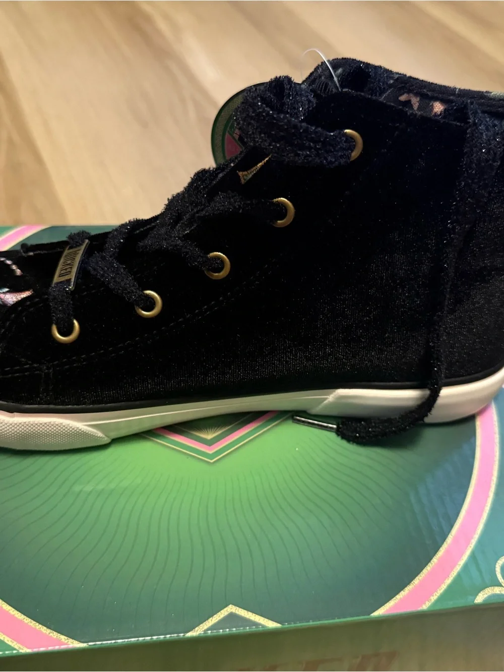 Wicked Black Velvet High-Top Sneaker with Pink & Mint Embroidery